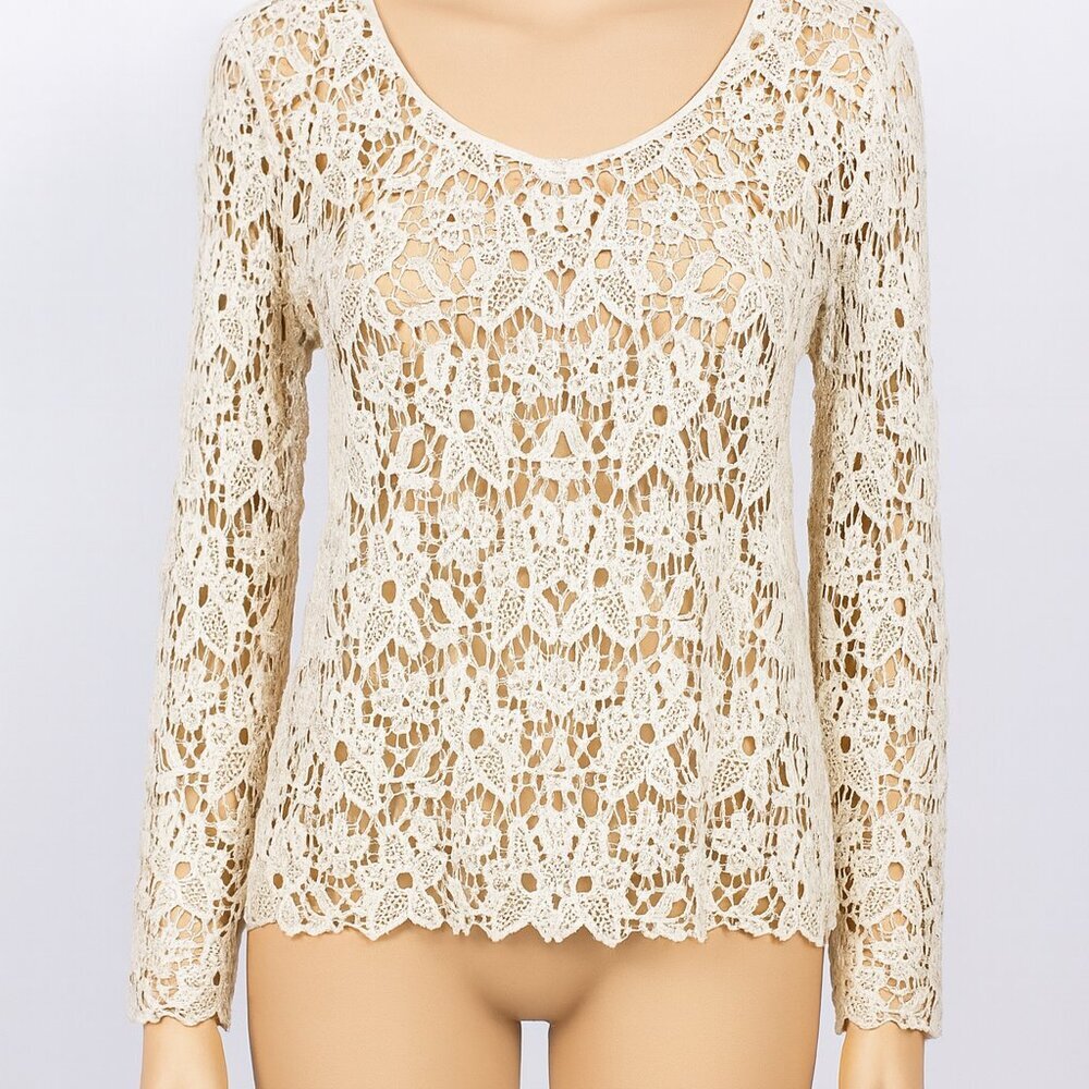 Solitaire Long Sleeved Crochet Beige Top Blouse Size Small 90s Y2K Vibes
